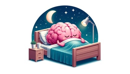 3D illustration of a cartoon brain character sleeping in bed under stars, concept for mental health care through the sleep and rest
