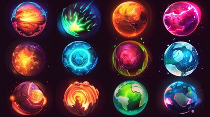 Set of fantasy planets isolated on dark background. Colorful alien space globes with cold ice, hot lava, toxic bubbles, mysterious neon textures. Gui design elements. Cartoon modern illustration. - obrazy, fototapety, plakaty