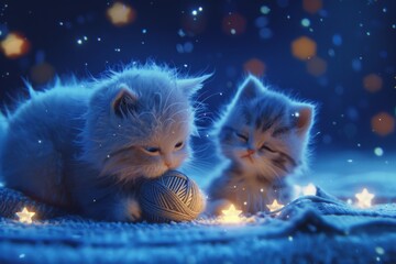 baby kitten playing with a ball of yarn, with animated stars twinkling in the night sky and soft music playing in the background, setting a cozy and loving mood for Mother's Day - obrazy, fototapety, plakaty