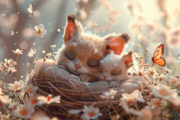 mother and baby animal cuddled together in a cozy nest, surrounded by blooming flowers and fluttering butterflies, evoking a sense of love and warmth in a charming animated setting for Mother's Day.