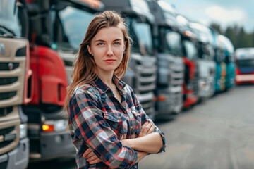 Portrait of woman truck driver in casual clothes standing in front of vehicles - obrazy, fototapety, plakaty