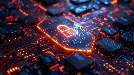 Illuminated Cybersecurity Lock on Circuit Board