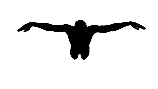 3D Render :  a silhouette male character perform butterfly style swimming  with white background, front view
