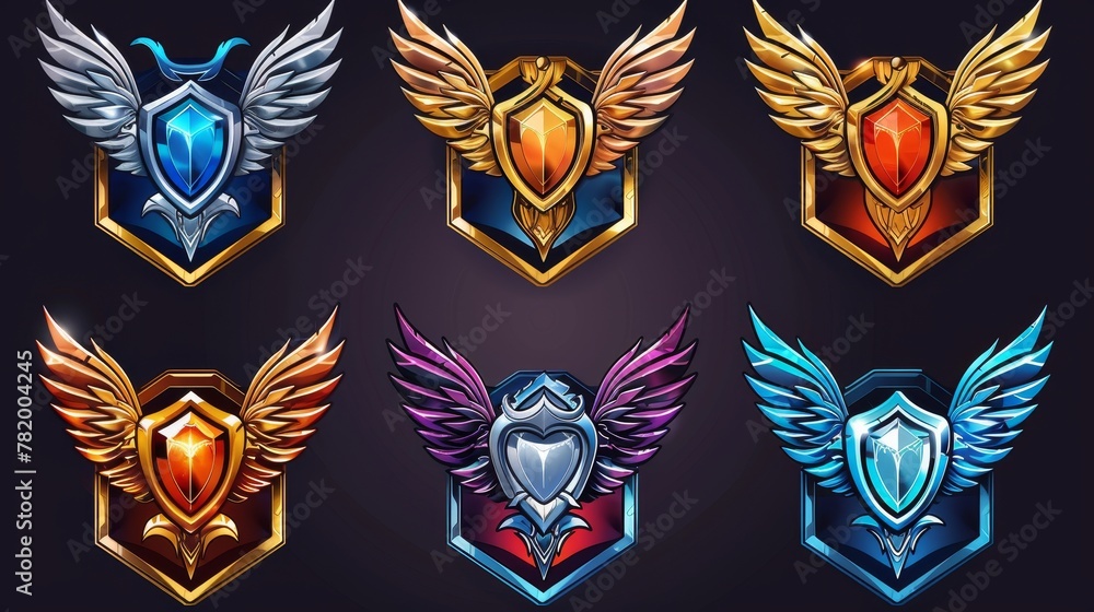 Poster there are game badges with hexagon frames with wings on the sides and game medals with metal emblems