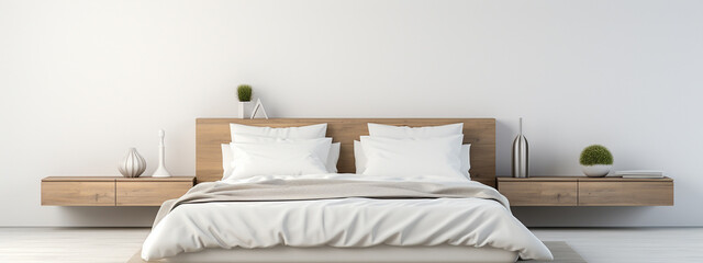 Simplicity in Sleep: A minimalist bed design, its sleek frame and simple bedding rendered against a purity white background, highlighting the beauty and calm of minimalist living,