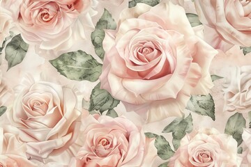 Seamless pattern of light pink roses and cream rose arrangement, watercolor hand-painted illustration