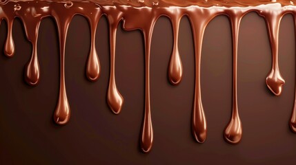 This is an illustration of a realistic texture of dripping chocolate. It has an isolated border of liquid melted chocolate cream for a cake, and a 3D drip flow of dark cacao for dessert decoration.