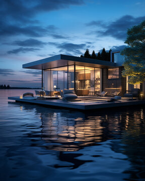 A hyper-realistic render of a modern house by the water, its seamless indoor-outdoor living spaces open to serene water views, isolated on a tranquil retreat blue background, embodying the ideal