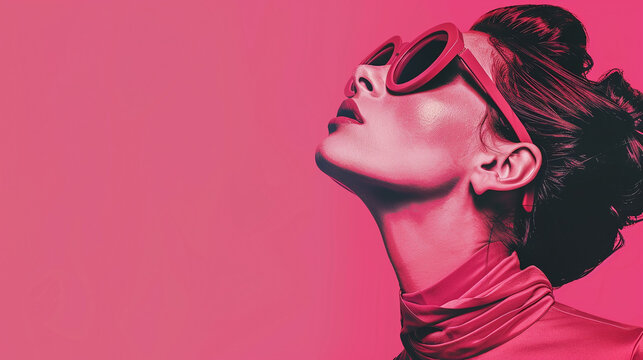Woman in turtle neck and oversized sunglasses looking up. High-contrast studio portrait with a magenta background. Fashion and elegance concept. Design for magazine cover, fashion editorial, and brand
