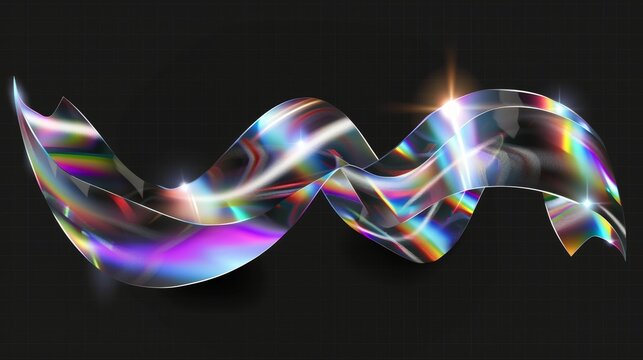 A modern realistic illustration of a silver wavy ribbon with rainbow color effect, reflective surface and metallic texture isolated on a transparent background.