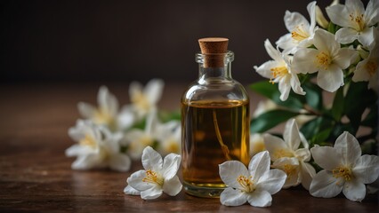 Obraz na płótnie Canvas jasmine flower background with aroma therapy massage essential oil bottle from Generative AI