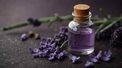 Obraz na płótnie Canvas lavender flower petals background with aroma therapy massage essential oil bottle from Generative AI