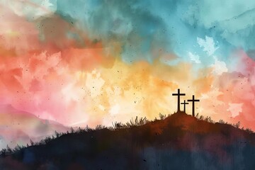 Silhouette of three crosses on a hill at sunrise, religious Christian symbol, digital watercolor painting