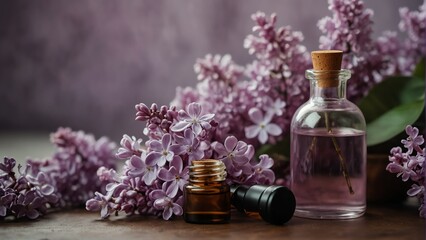 lilac flower background with aroma therapy massage essential oil bottle from Generative AI - obrazy, fototapety, plakaty