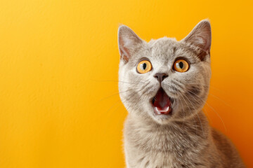 Young crazy funny surprised British short hair cat make big eyes and open mouth closeup on yellow orange background