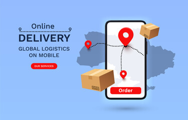 Online Delivery global logistics on mobile, delivery within the Ukraine. Vector illustration