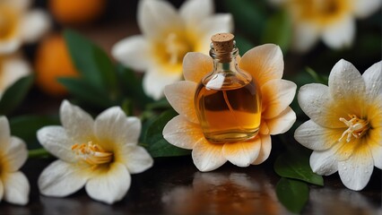 neroli flower background with aroma therapy massage essential oil bottle from Generative AI