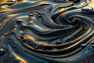 Black and gold paint swirls with small beads of oil, Petroleum, fluid lines, simple design