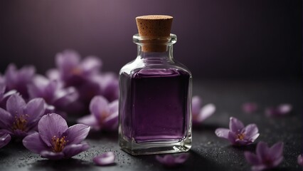 Obraz na płótnie Canvas purple flower petals background with aroma therapy massage essential oil bottle from Generative AI