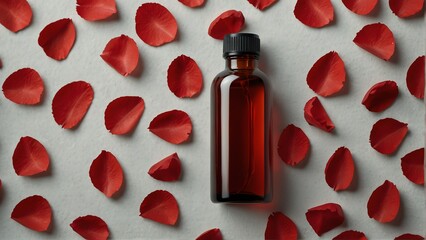 red rose flower petals background with aroma therapy massage essential oil bottle from Generative AI