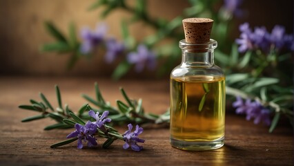 Obraz na płótnie Canvas rosemary flower background with aroma therapy massage essential oil bottle from Generative AI