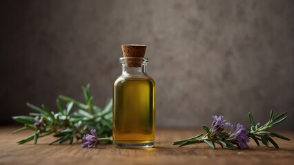 rosemary flower background with aroma therapy massage essential oil bottle from Generative AI