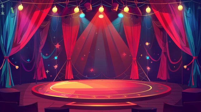 The background has a circus stage with red theater curtains. Vintage interior of a circus tent. Carnival show podium with light bulbs and drapery, modern cartoon illustration.