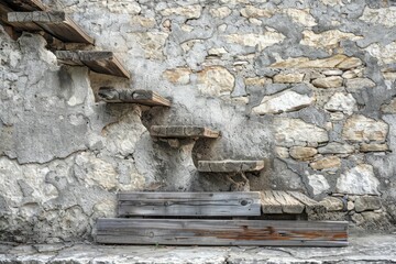 Weathered stone wall with old wooden stairs, vintage background for professional photography, digital illustration