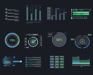 Futuristic user interface elements arrow, button, frame. 
Holographic elements of the hud user interface. 
A set of illustrations of interface icon.