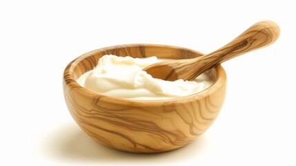 Tasty yoghurt in a wooden bowl isolated on a white background.