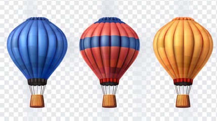 A 3D illustration of a hoy air balloon basket travelling on a transparent background. A realistic aerostat set in a red, blue and yellow stripe for adventure and recreation. Summer ballooning leisure