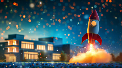 A cartoonish toy rocket blasting off into a starry night sky - obrazy, fototapety, plakaty