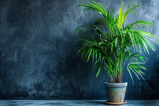 Parlor Palm (Chamaedorea Elegans, Neanthe Bella Palm) in Flowerpot Closeup, Parlor Palm House Plant