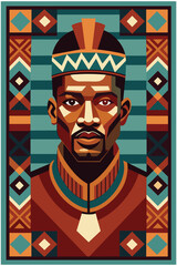 Ethnic poster with african pattern and pride man's face for black history month or juneteenth. Vector african man with features against an intricate traditional african pattern background