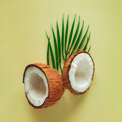 Broken coconut and palm leaf on a light yellow background. - 782006673