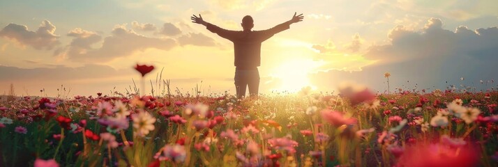 Happy Man in Blooming Flowers Field, Facing The Sky, Success Celebration,Thanks Gesture, Blessing God
