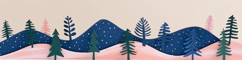 Minimalist cutout paper mountain range panorama with pine trees, horizontal banner paper cut landscape