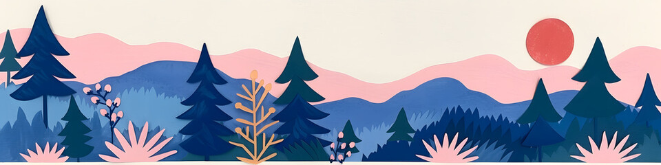 Minimalist cutout paper mountain range panorama with pine trees, horizontal banner paper cut landscape