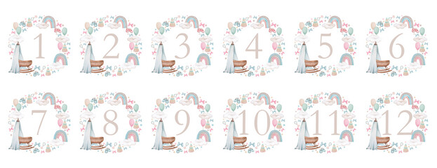 Set of of baby milestone cards. 12 months. Newborn boy or girl. Watercolor baby month anniversary card. Capture all the special moments of little one’s in their first year. One year old child..