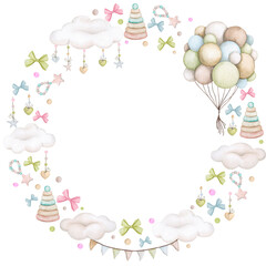 Round frame for a baby. Watercolor wreath, backdrop for birthday, gender party, baby shower, children's party. Poster, greeting card, invitations in boho style. Children's toys, rattles..