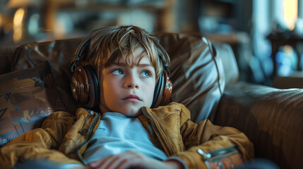Captured in a close-up portrait, a young boy on a sofa is entranced by the melodies streaming through his headphones, creating a captivating scene.