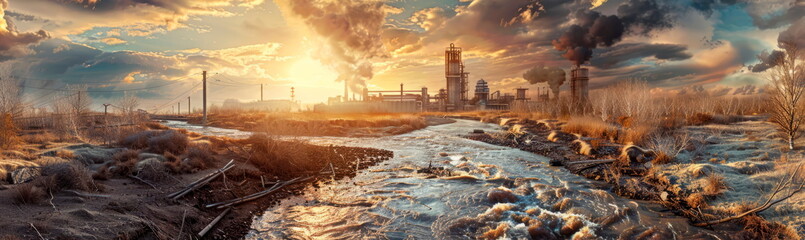 concept of environmental degradation with powerful imagery of polluted rivers and streams flowing past industrial complexes. - obrazy, fototapety, plakaty