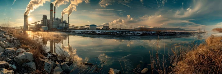 Foto op Canvas concept of environmental degradation with powerful imagery of polluted rivers and streams flowing past industrial complexes. © Maximusdn