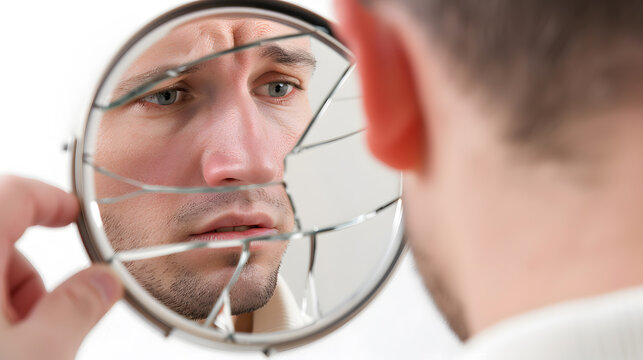 person with broken mirror reflection