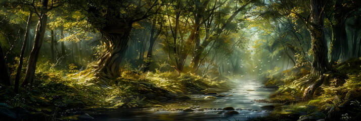 magic of the forest with expressive oil paintings enchanted woods - obrazy, fototapety, plakaty