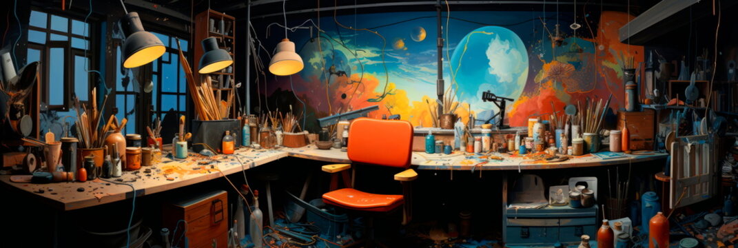 artist's studio with tubes and paints with brushes scattered around the workspace providing a glimpse into the creative process