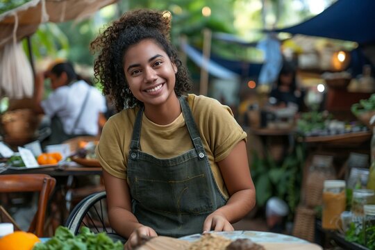 Radiant Hispanic Entrepreneur in Wheelchair at a Bustling Outdoor Market