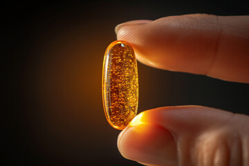 One golden transparent pill in hand - 782008004