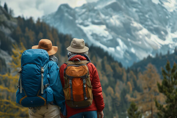 Fototapeta na wymiar An elderly couple goes on a mountain hike