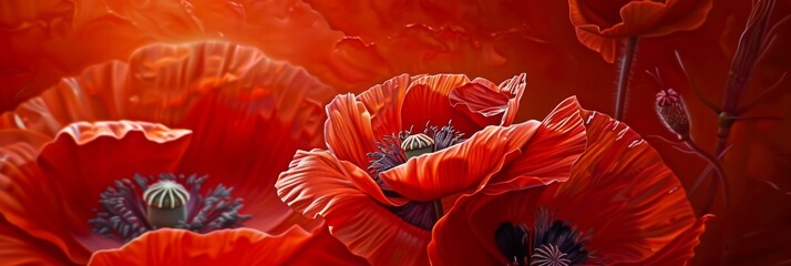 Poppy Flower Botanical Illustration, Wild Red Flowers Realistic Painting, Poppy Drawing - obrazy, fototapety, plakaty
